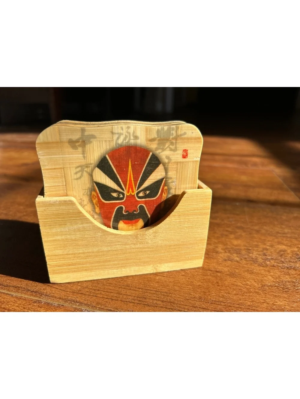 Natural Bamboo Coaster Set with Traditional Mask Design - 6 Pieces